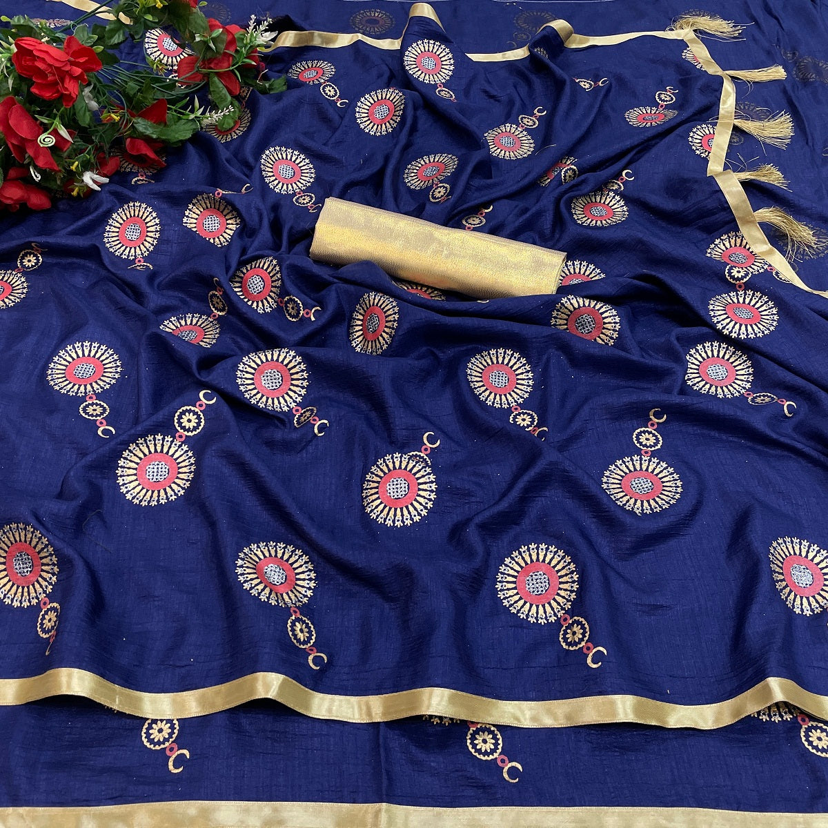 Women's Navy Dola Silk Lace Work Saree - Vamika