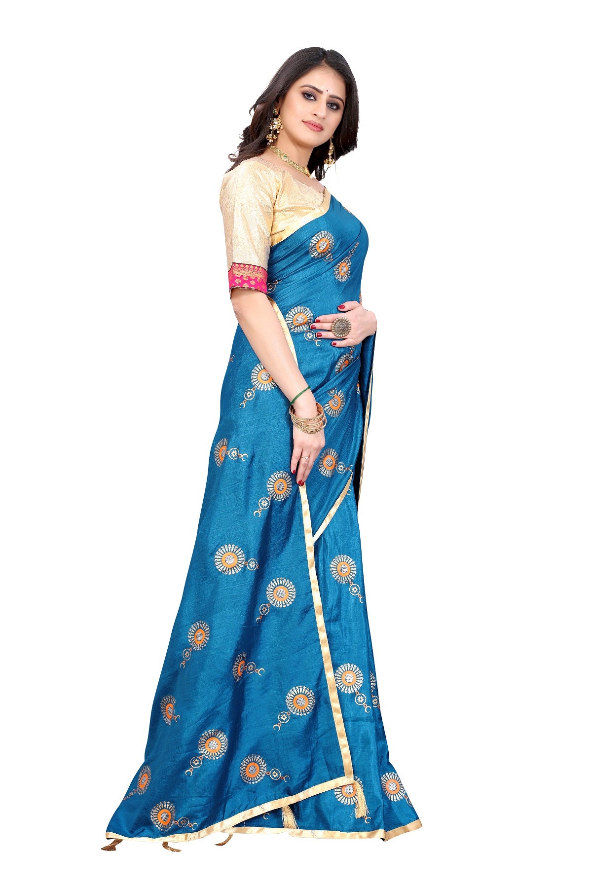 Women's Rama Green Dola Silk Lace Work Saree - Vamika