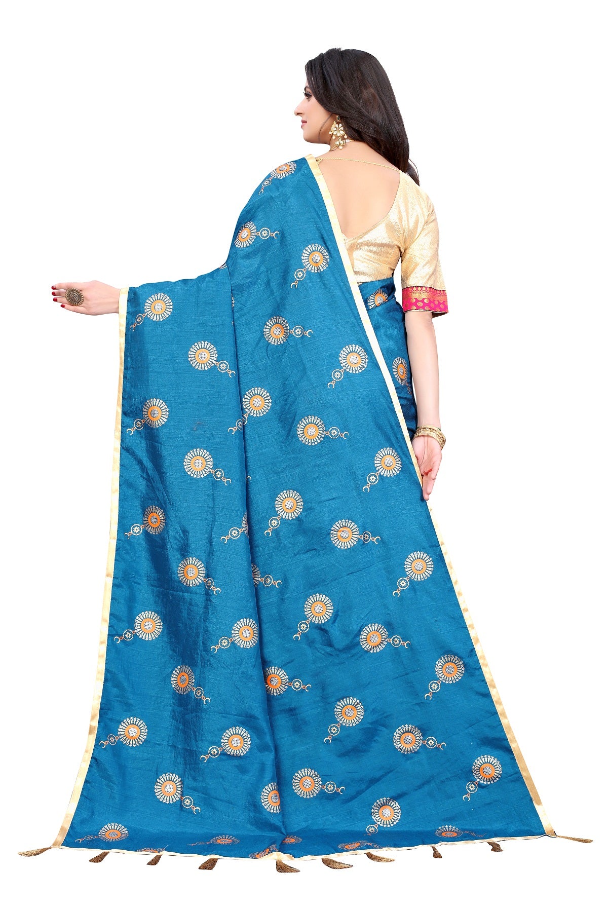 Women's Rama Green Dola Silk Lace Work Saree - Vamika