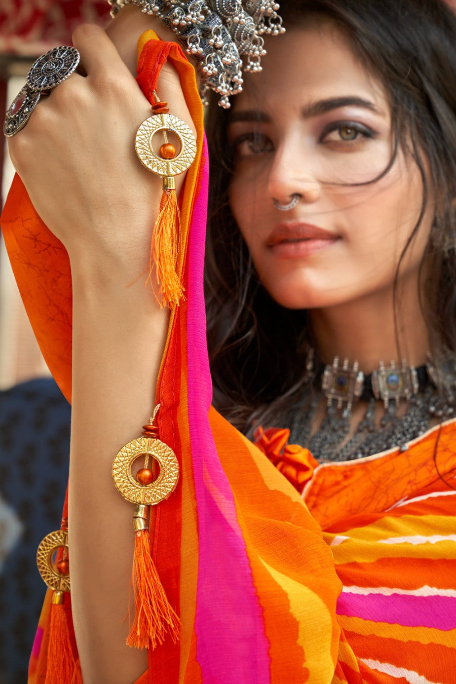 Women's Tiger Orange Leheriya Saree - Karagiri