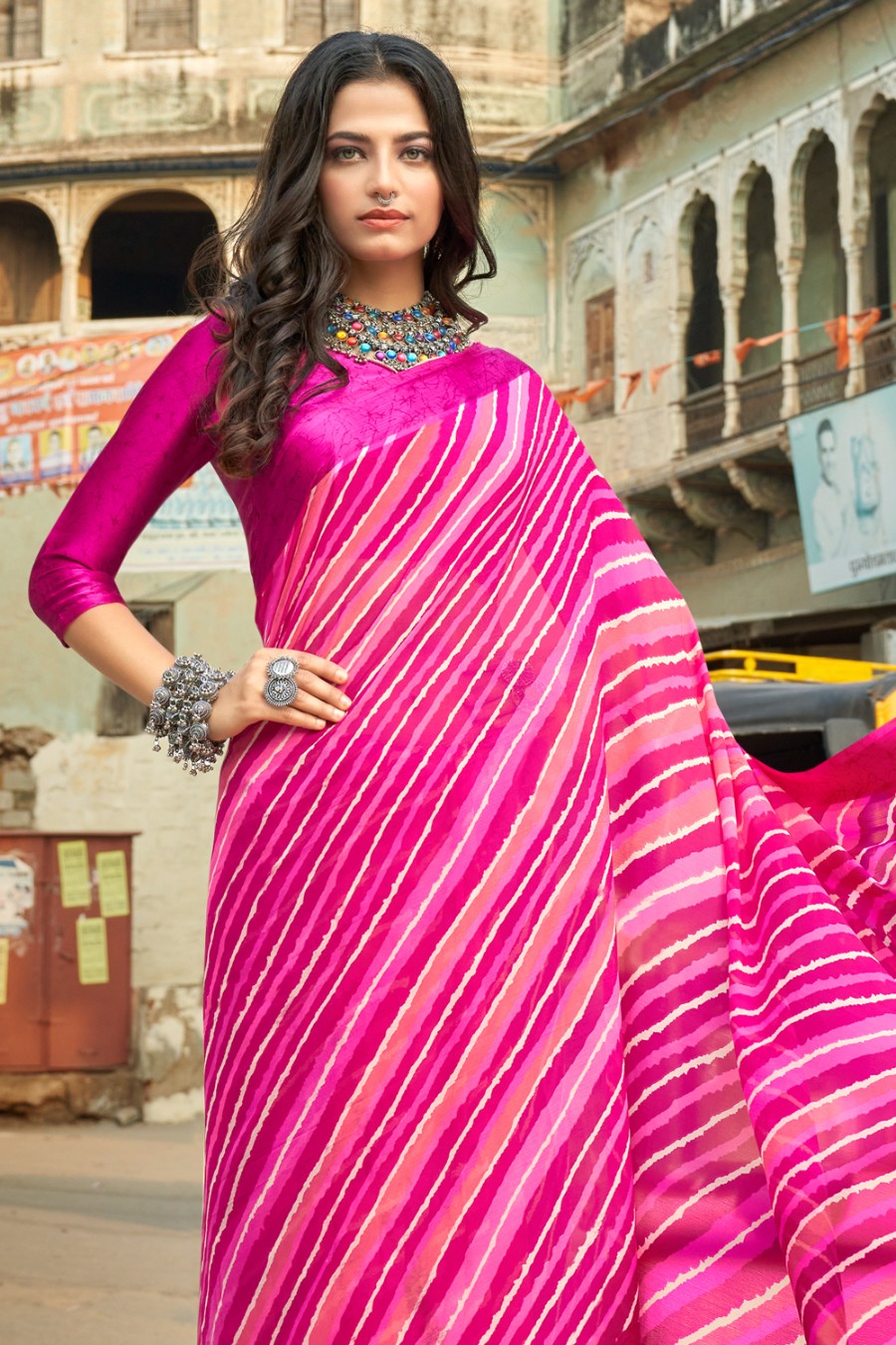 Women's Hot Pink Leheriya Saree - Karagiri