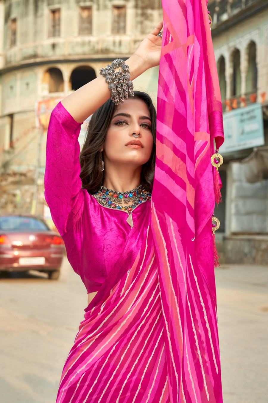 Women's Hot Pink Leheriya Saree - Karagiri
