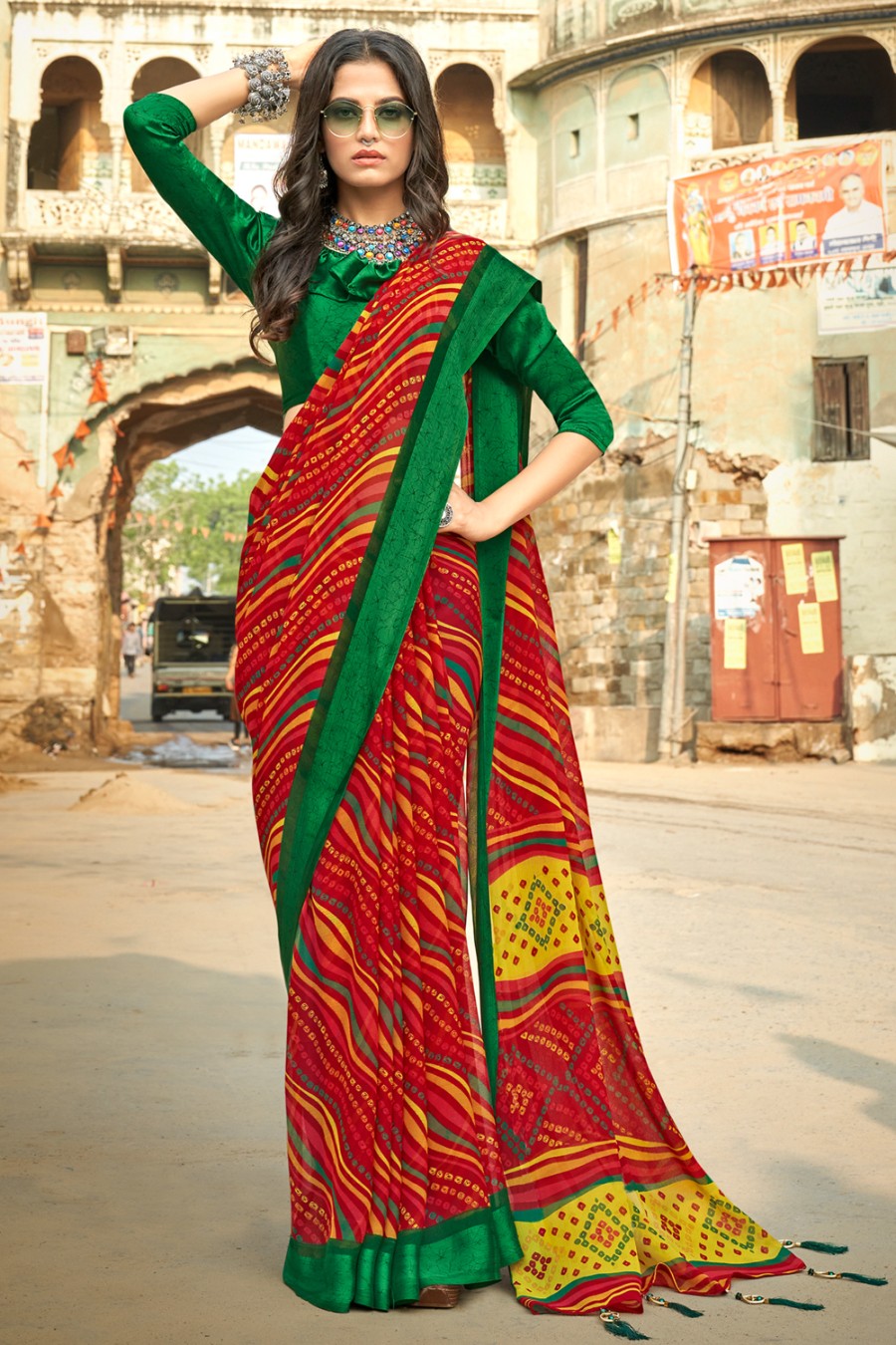 Women's Multicolour Leheriya Saree - Karagiri