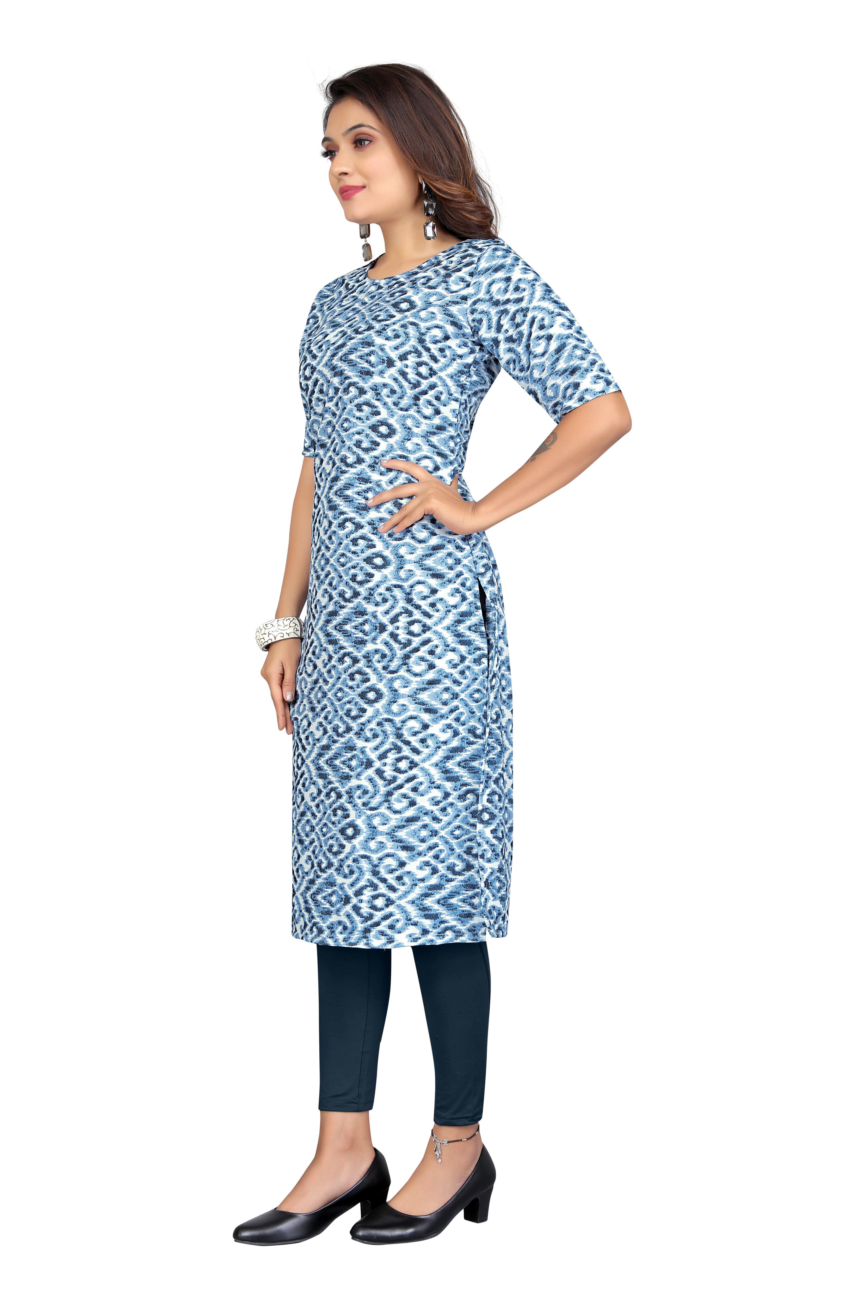 Women's Sky Blue Regulat Wear Digital Printed Crepe Kurti  - Fashion Forever