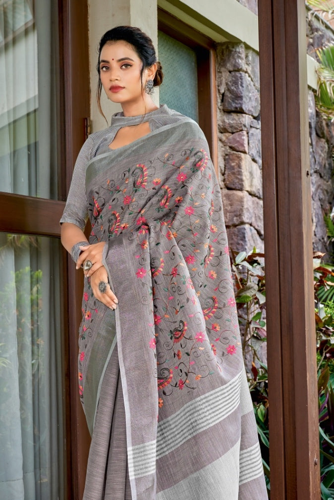 Women's Gray Linen Saree - Karagiri