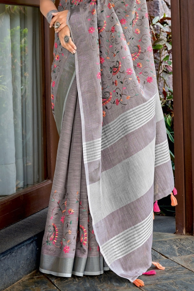 Women's Gray Linen Saree - Karagiri