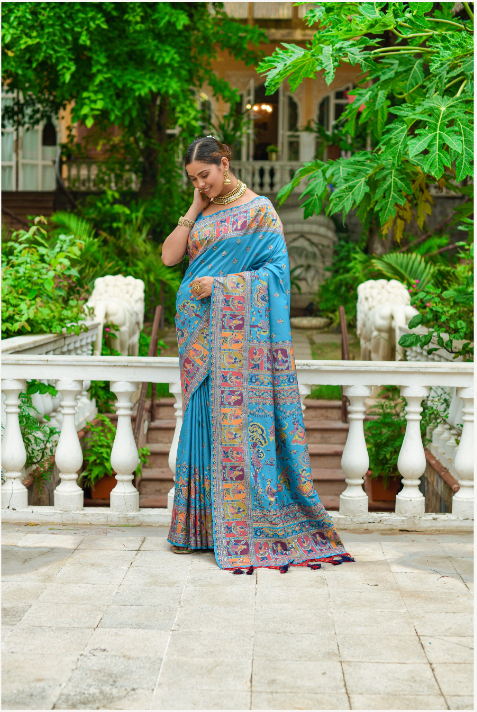Women's Firozi Banarasi Silk Zari Woven Saree With Blouse - Vishnu Weaves