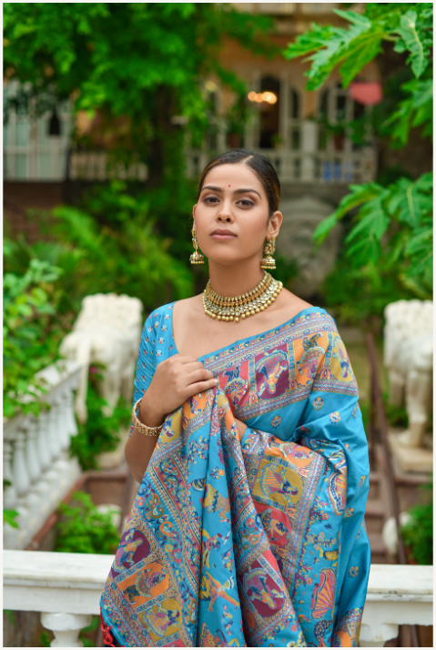 Women's Firozi Banarasi Silk Zari Woven Saree With Blouse - Vishnu Weaves