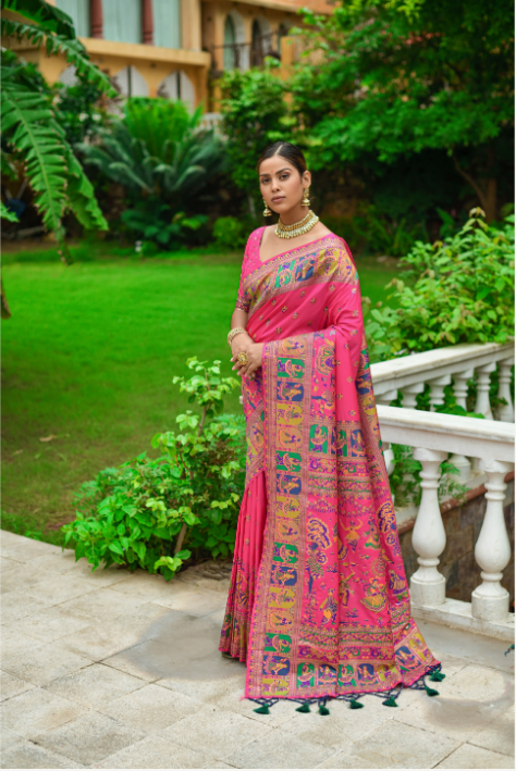 Women's Pink Banarasi Silk Zari Woven Saree With Blouse - Vishnu Weaves