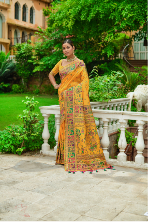 Women's Yellow Banarasi Silk Zari Woven Saree With Blouse - Vishnu Weaves