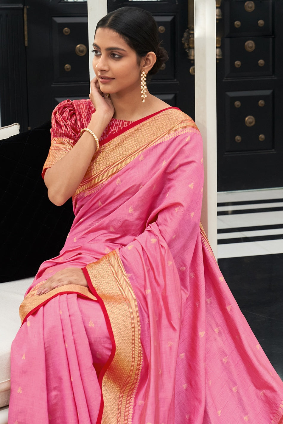 Women's Rose Pink South Silk Saree - Karagiri