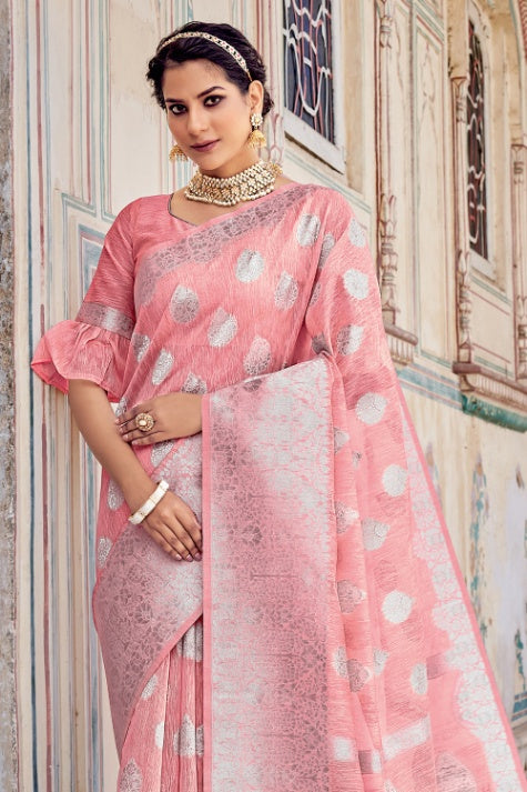 Women's Crepe Pink Linen Saree - Karagiri
