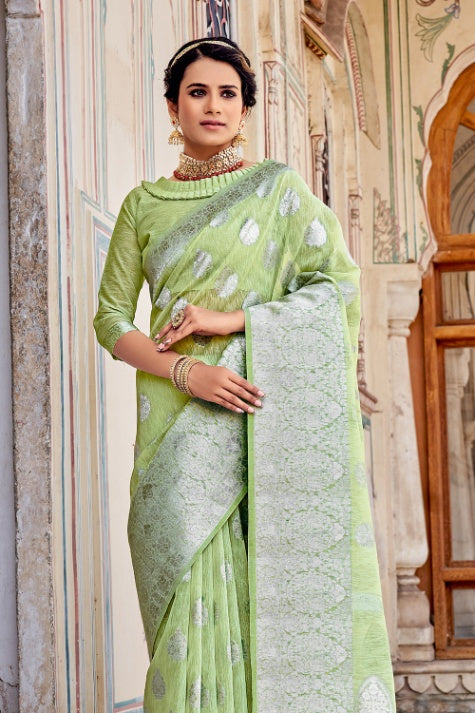 Women's Mint Green Linen Saree - Karagiri