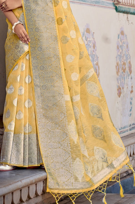 Women's Yellow Linen Saree - Karagiri
