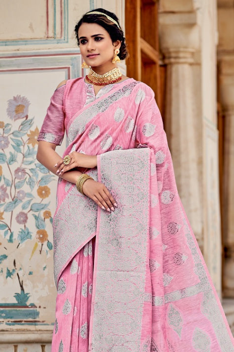 Women's Taffy Pink Linen Saree - Karagiri