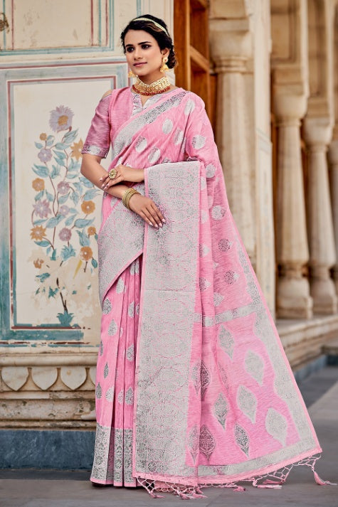 Women's Taffy Pink Linen Saree - Karagiri