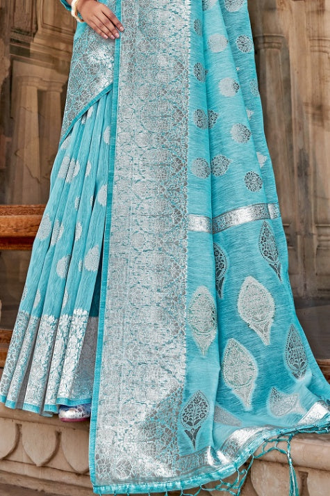 Women's Sky Blue Linen Saree - Karagiri