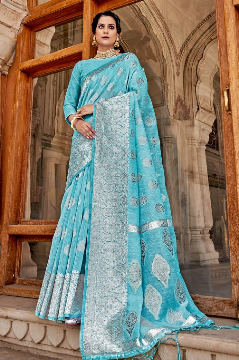 Women's Sky Blue Linen Saree - Karagiri