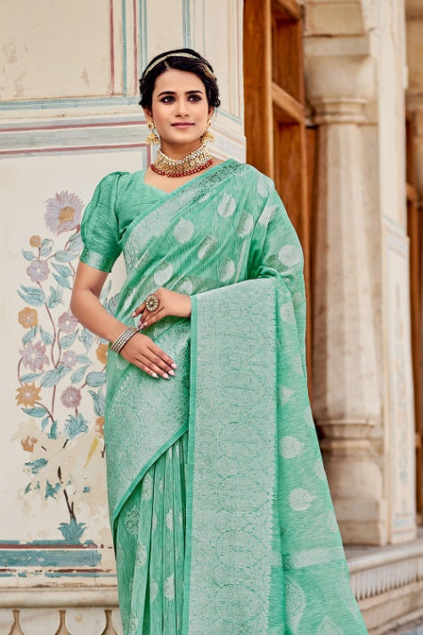 Women's Jade Green Linen Saree - Karagiri