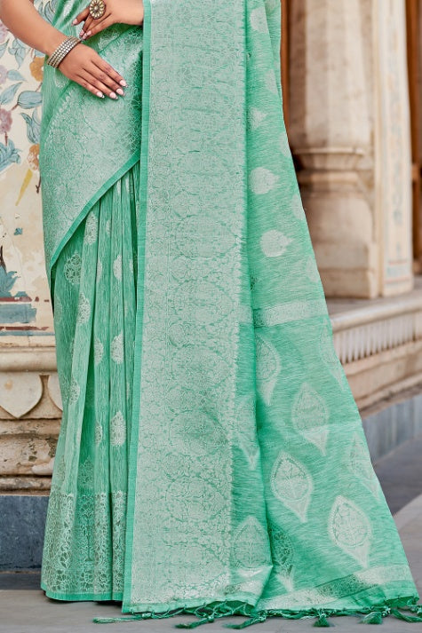 Women's Jade Green Linen Saree - Karagiri