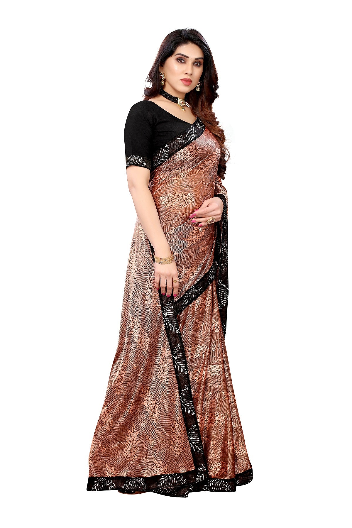Women's Brown Malai Silk Embroidery Saree - Vamika