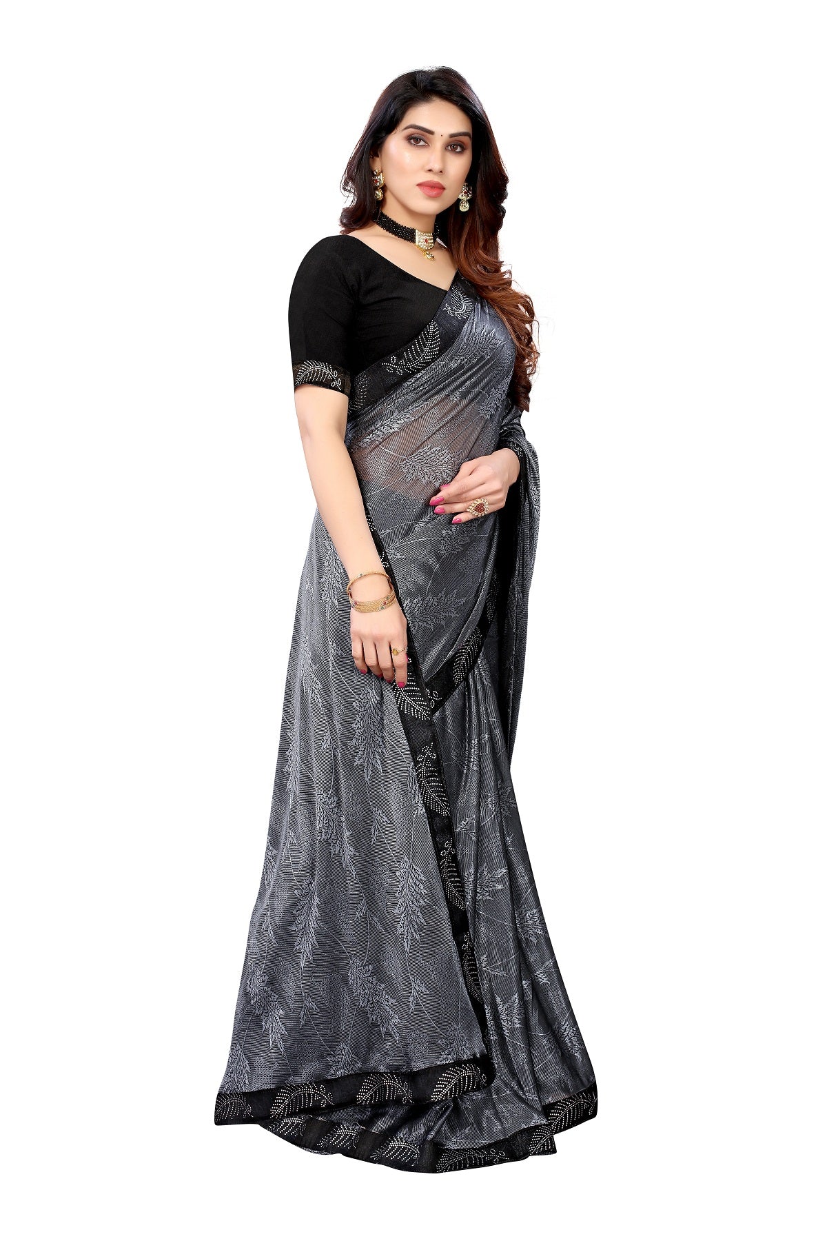 Women's Grey Malai Silk Embroidery Saree - Vamika