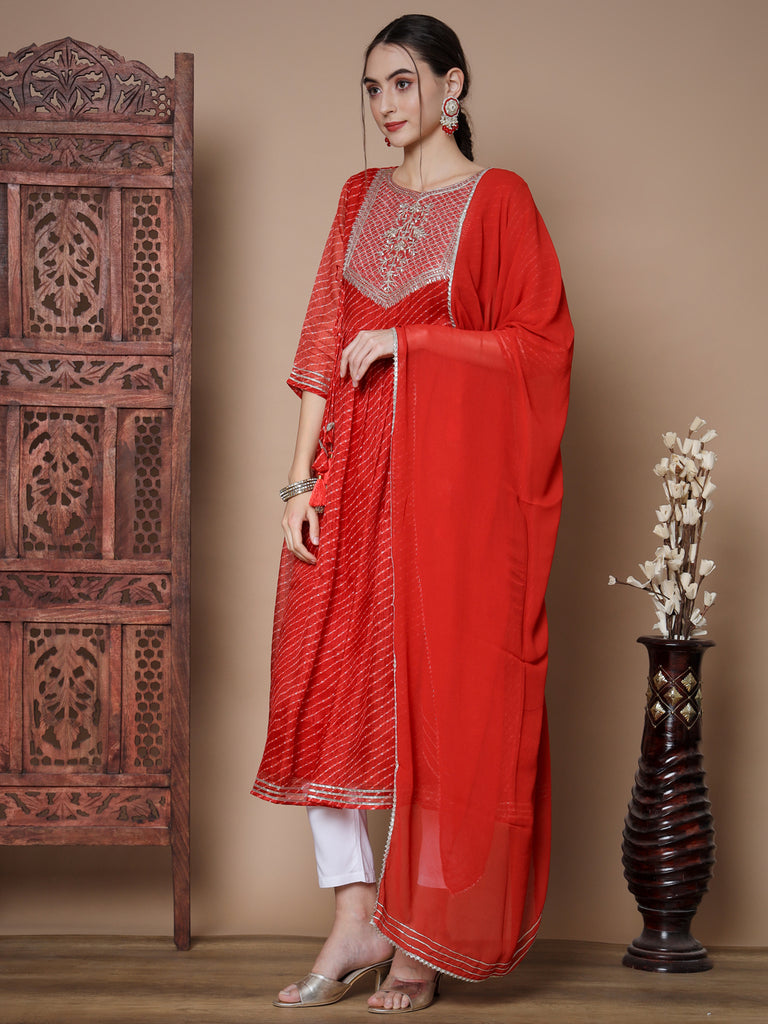 Women's Red Anarkali Kurta & With Dupatta