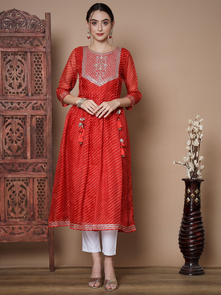 Women's Red Anarkali Kurta & With Dupatta