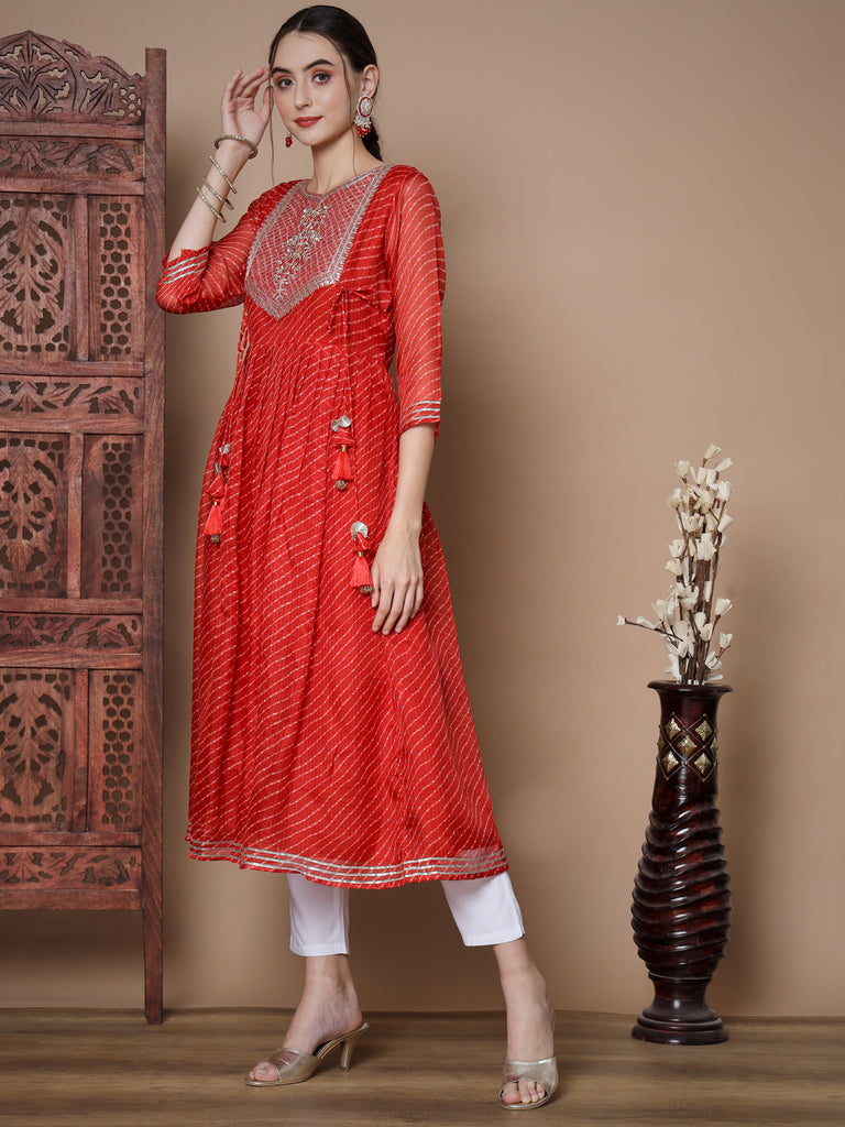 Women's Red Anarkali Kurta & With Dupatta