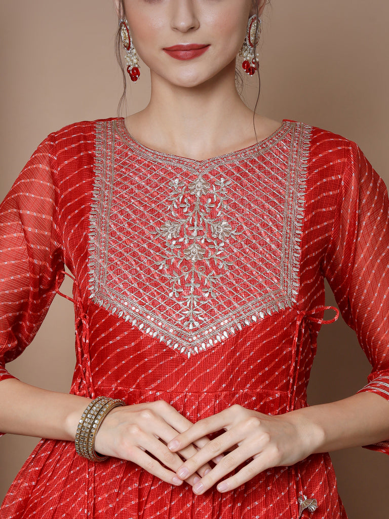 Women's Red Anarkali Kurta & With Dupatta
