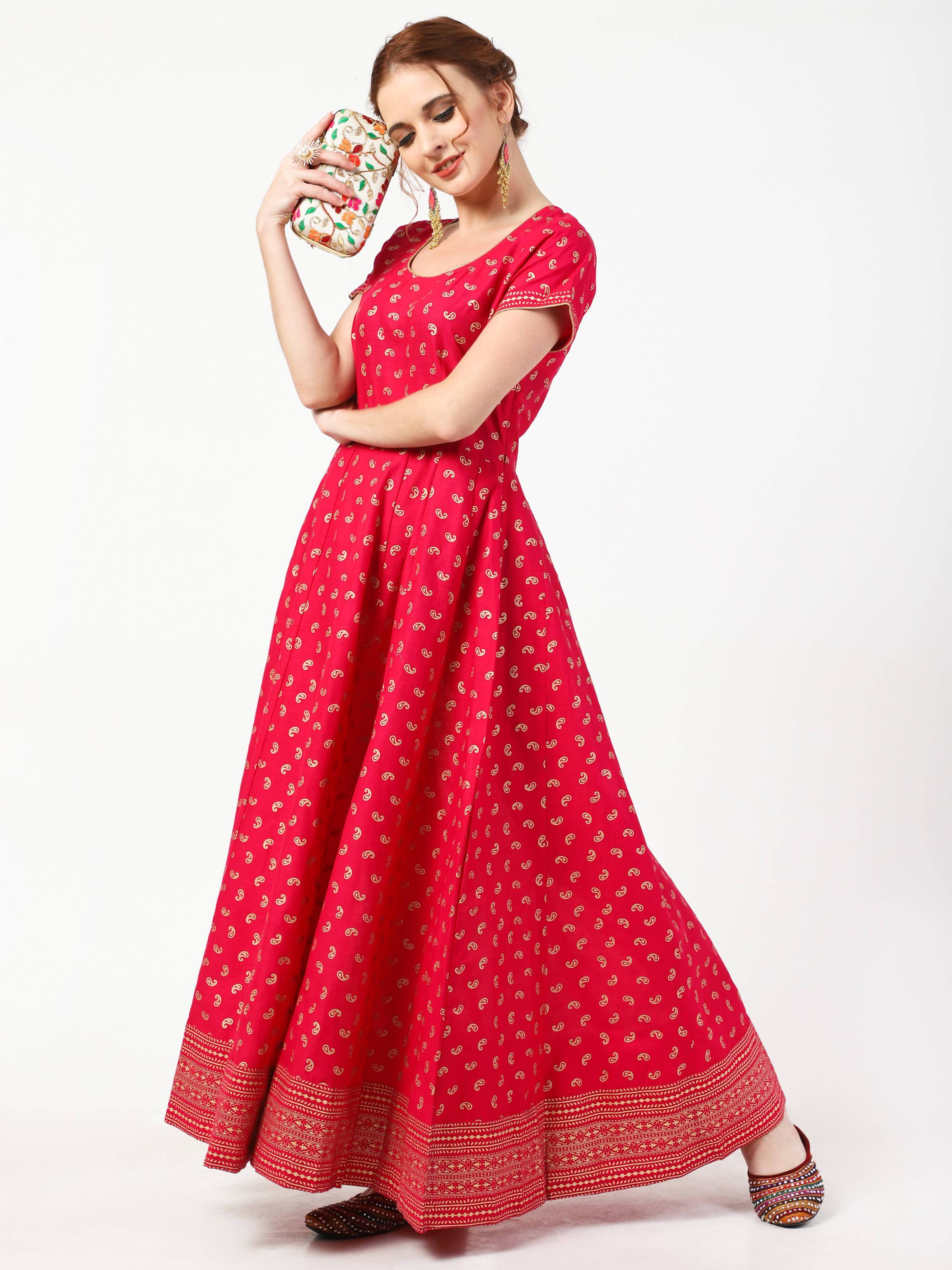 Women's Deep Pink Cotton & Silk Hand Block Print Long Dress With Silk Dupatta Set - Cheera