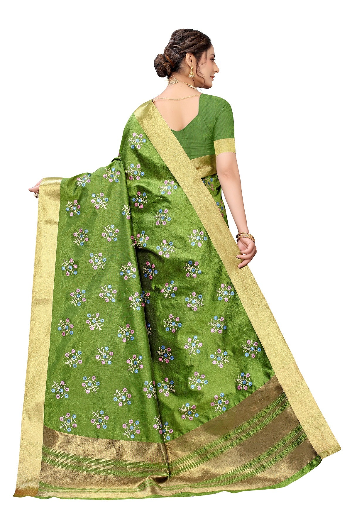 Women's Green Cotton Polyester Silk Weaving Saree - Vamika