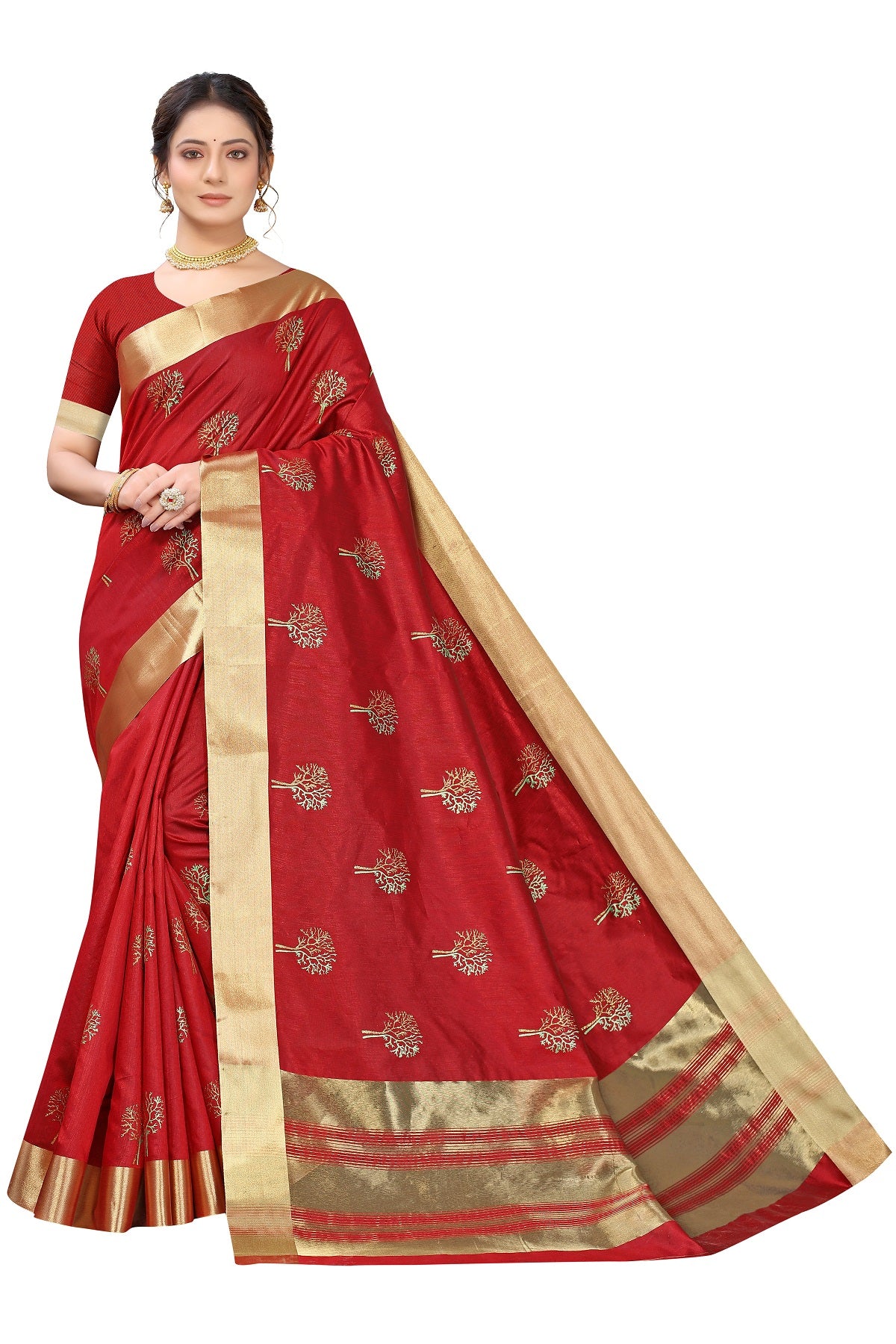 Women's Red Cotton Polyester Silk Weaving Saree - Vamika