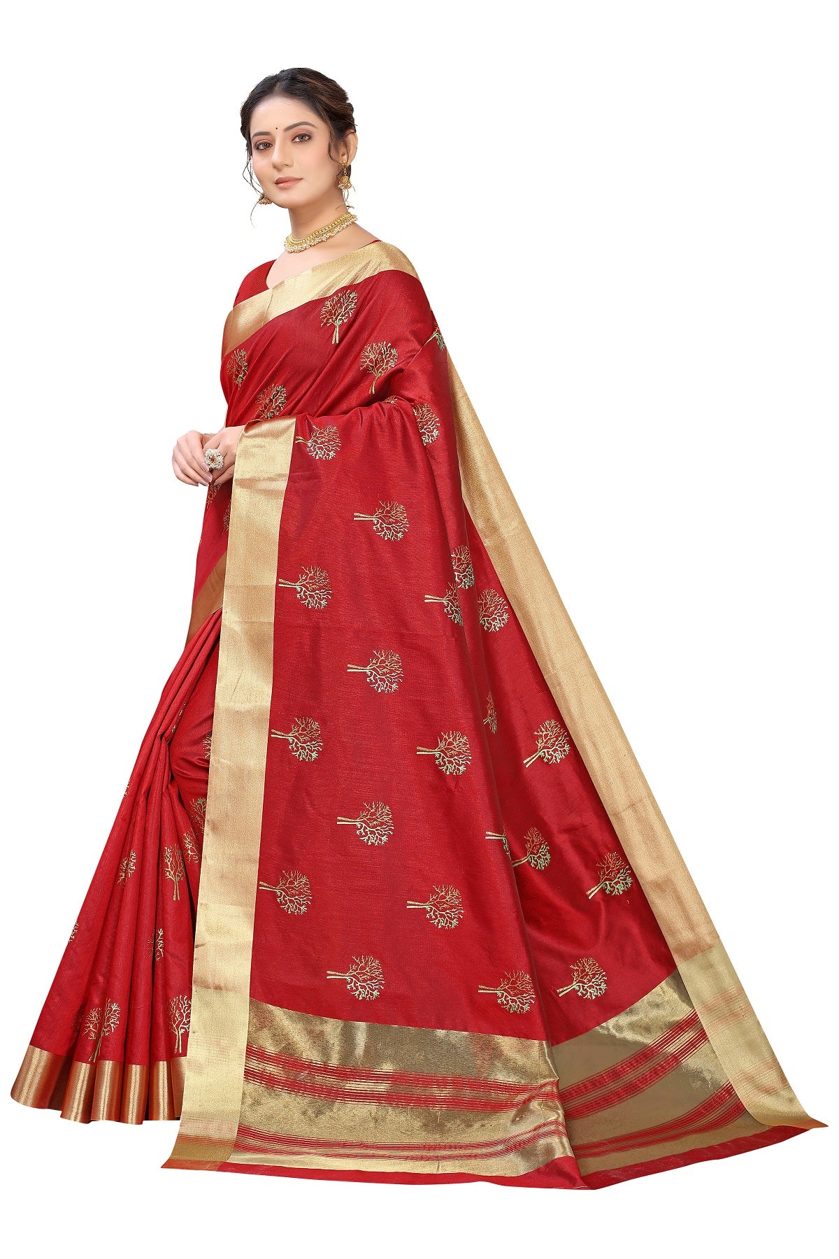 Women's Red Cotton Polyester Silk Weaving Saree - Vamika