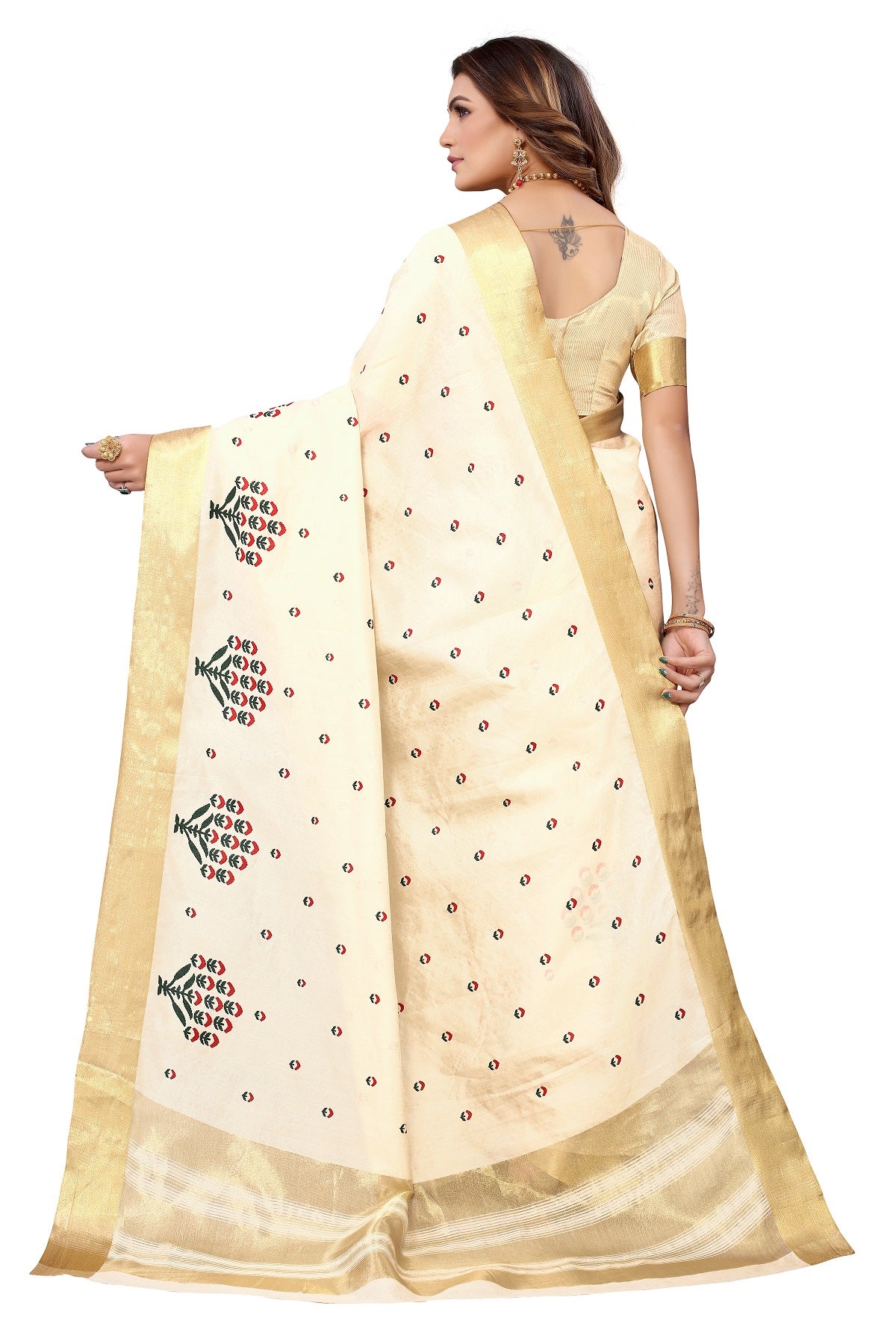 Women's Cream Weaving Cotton Polyester Silk Saree - Vamika