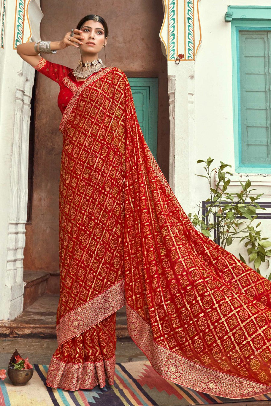Women's Crimson Red Bandhani Saree - Karagiri