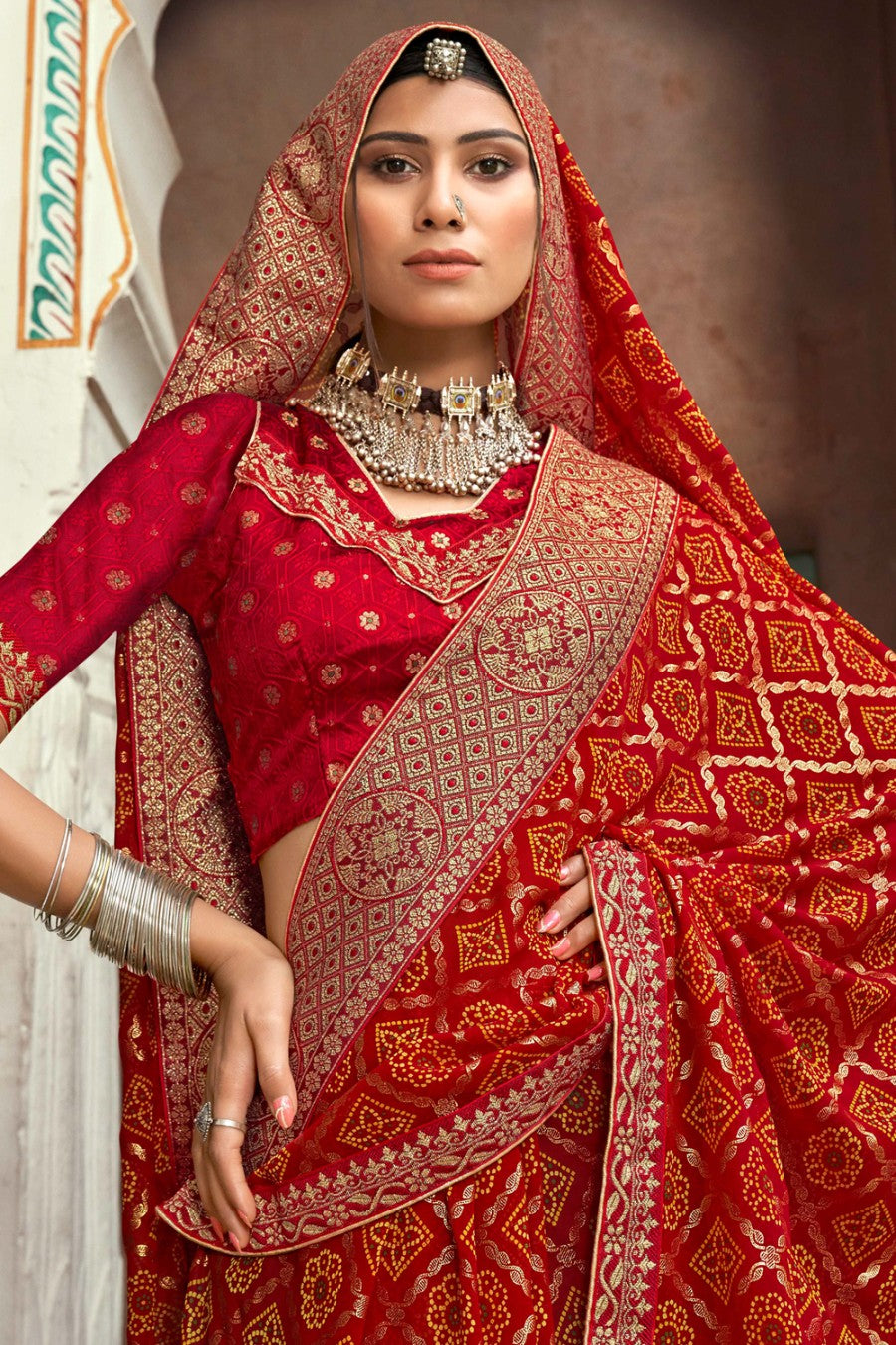 Women's Crimson Red Bandhani Saree - Karagiri
