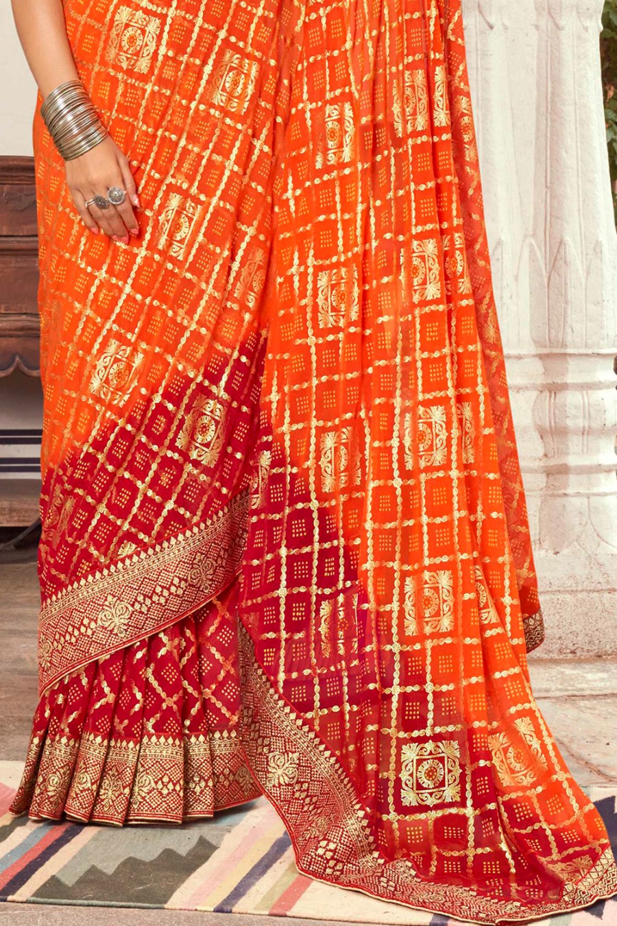 Women's Orange Red Dual Tone Bandhani Saree - Karagiri