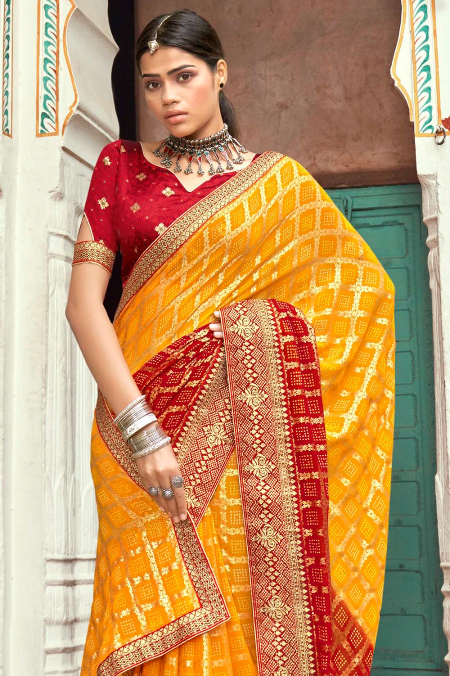 Women's Yellow Red Dual Tone Bandhani Saree - Karagiri