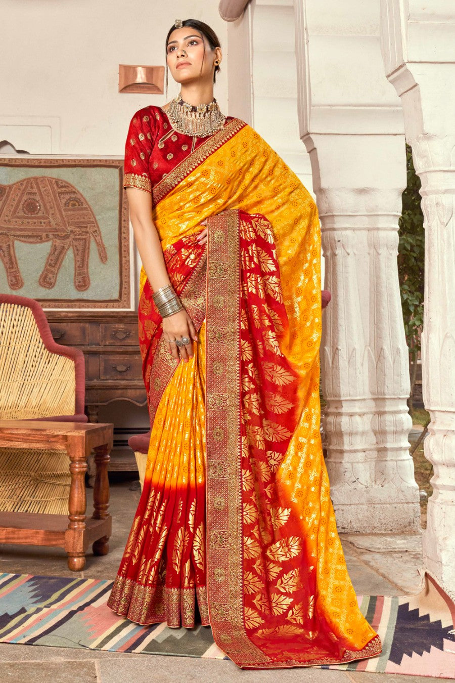 Women's Red Yellow Bandhani Saree - Karagiri