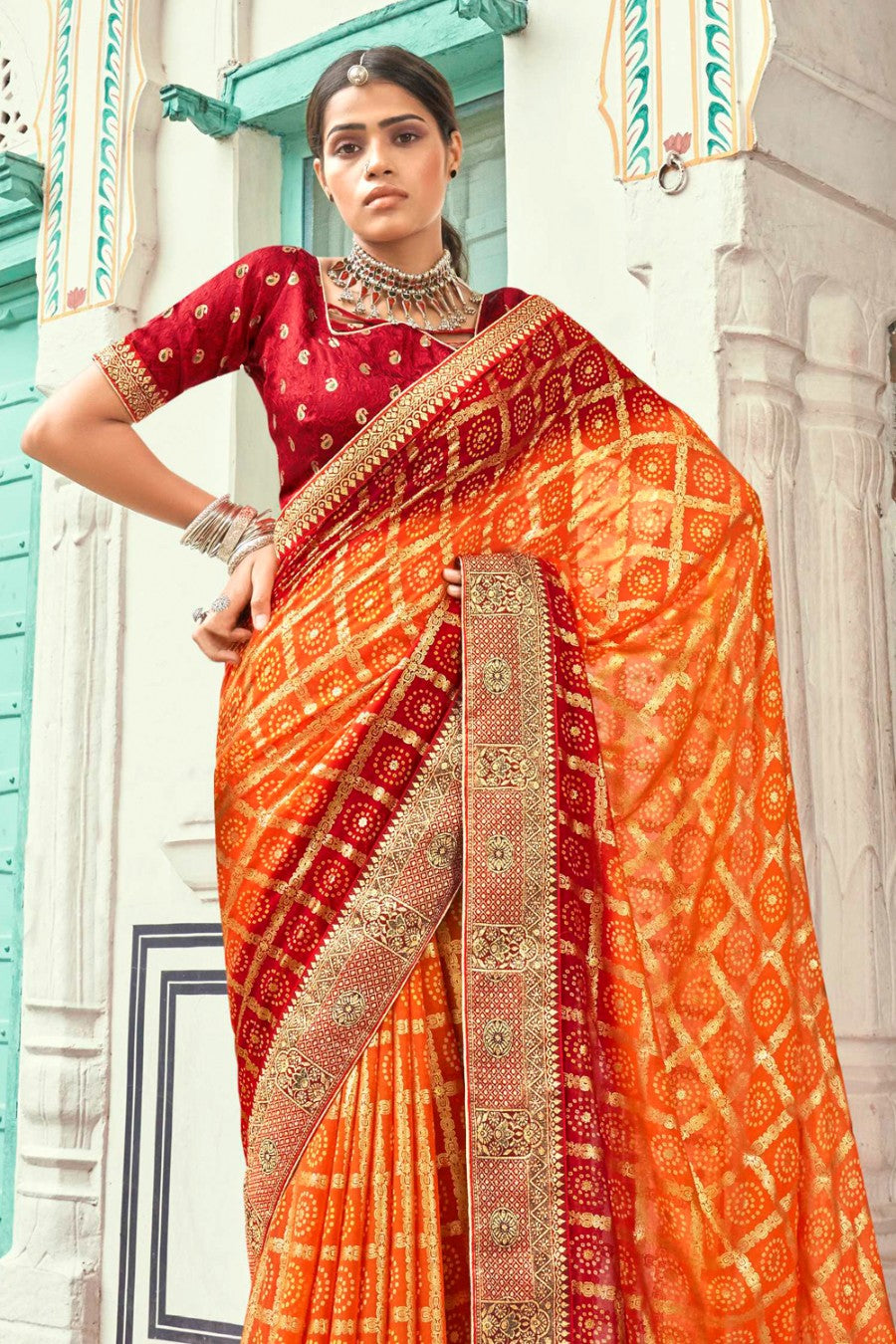 Women's Orange Red Dual Tone Bandhani Saree - Karagiri