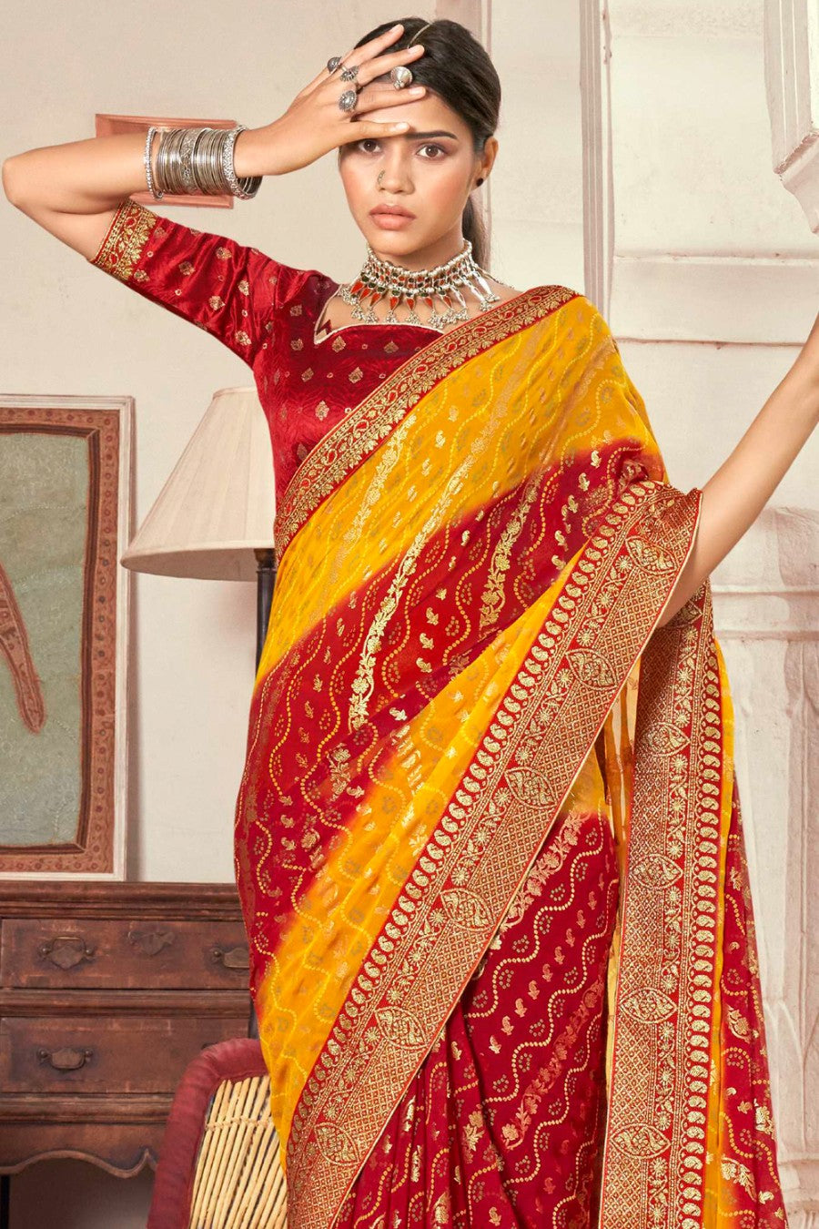Women's Yellow Red Dual Tone Bandhani Saree - Karagiri