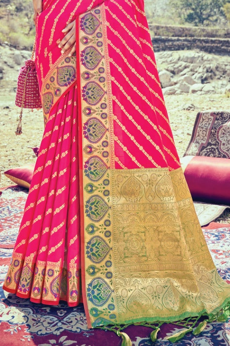 Women's Hot Pink Banarasi Silk Saree - Karagiri