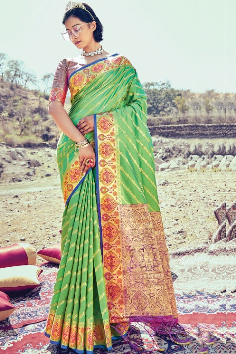 Women's Lime Green Banarasi Silk Saree - Karagiri