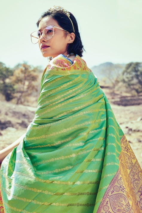 Women's Lime Green Banarasi Silk Saree - Karagiri