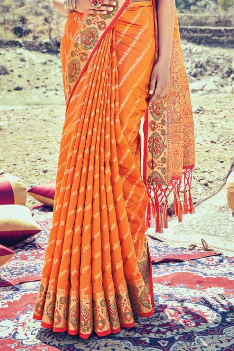 Women's Tiger Orange Banarasi Silk Saree - Karagiri