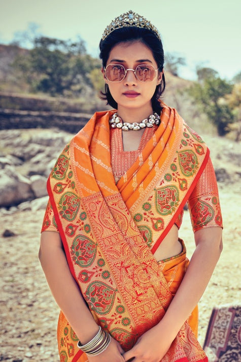 Women's Tiger Orange Banarasi Silk Saree - Karagiri
