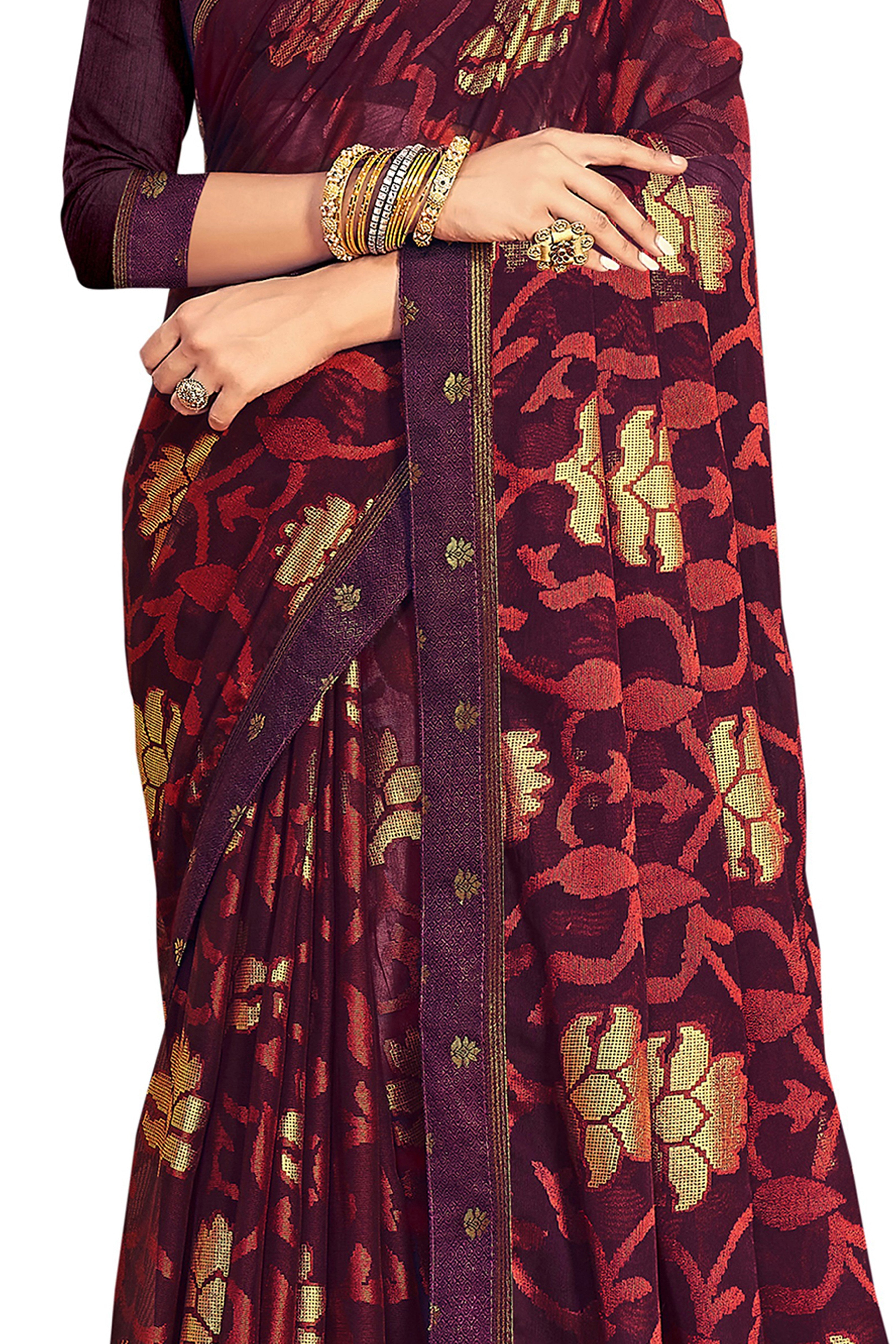 Women's White Designer Chiffon Brasso Saree With Exclusive Banarasi Lace - Vamika
