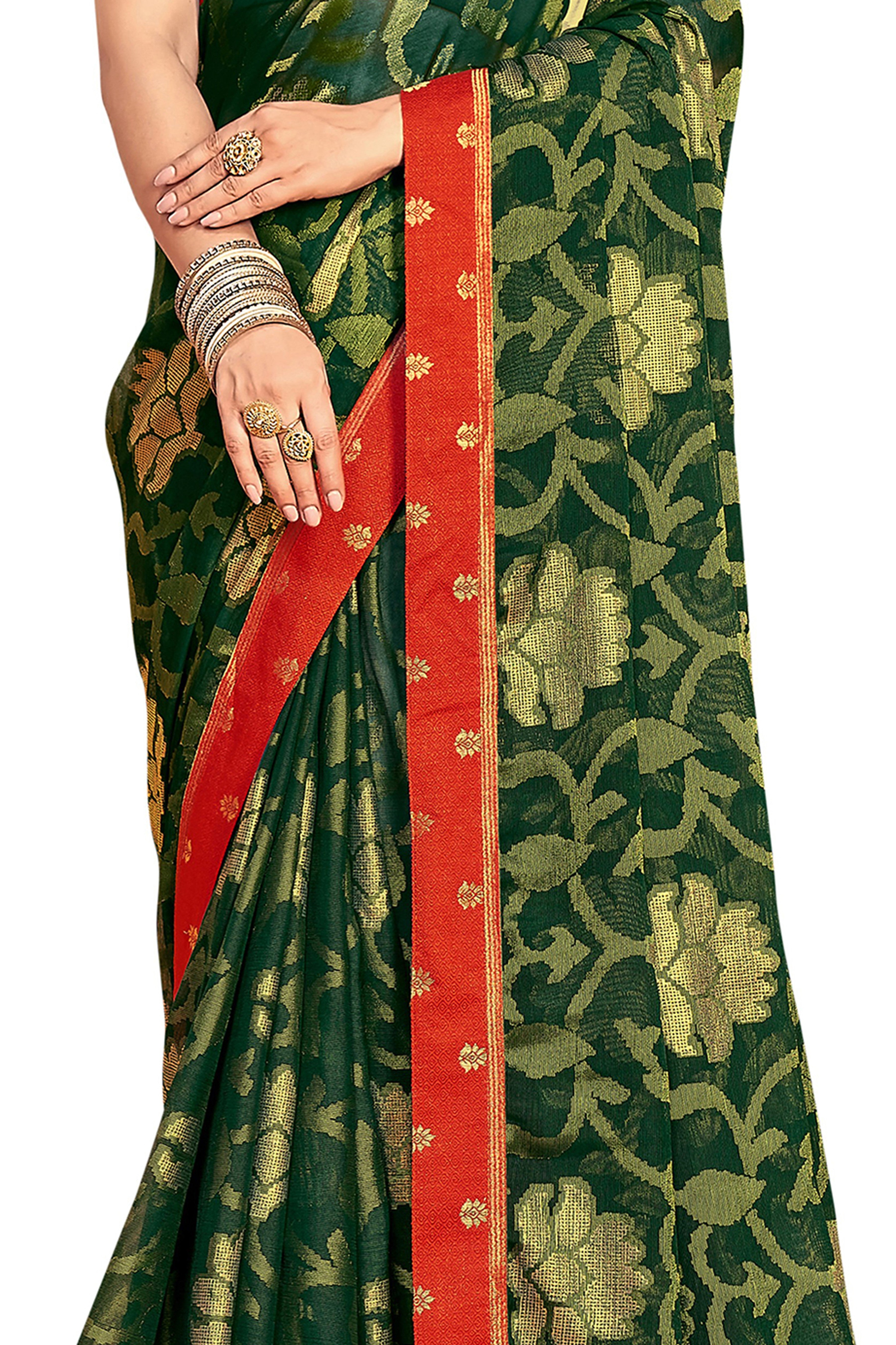 Women's Green Designer Chiffon Brasso Saree With Exclusive Banarasi Lace - Vamika