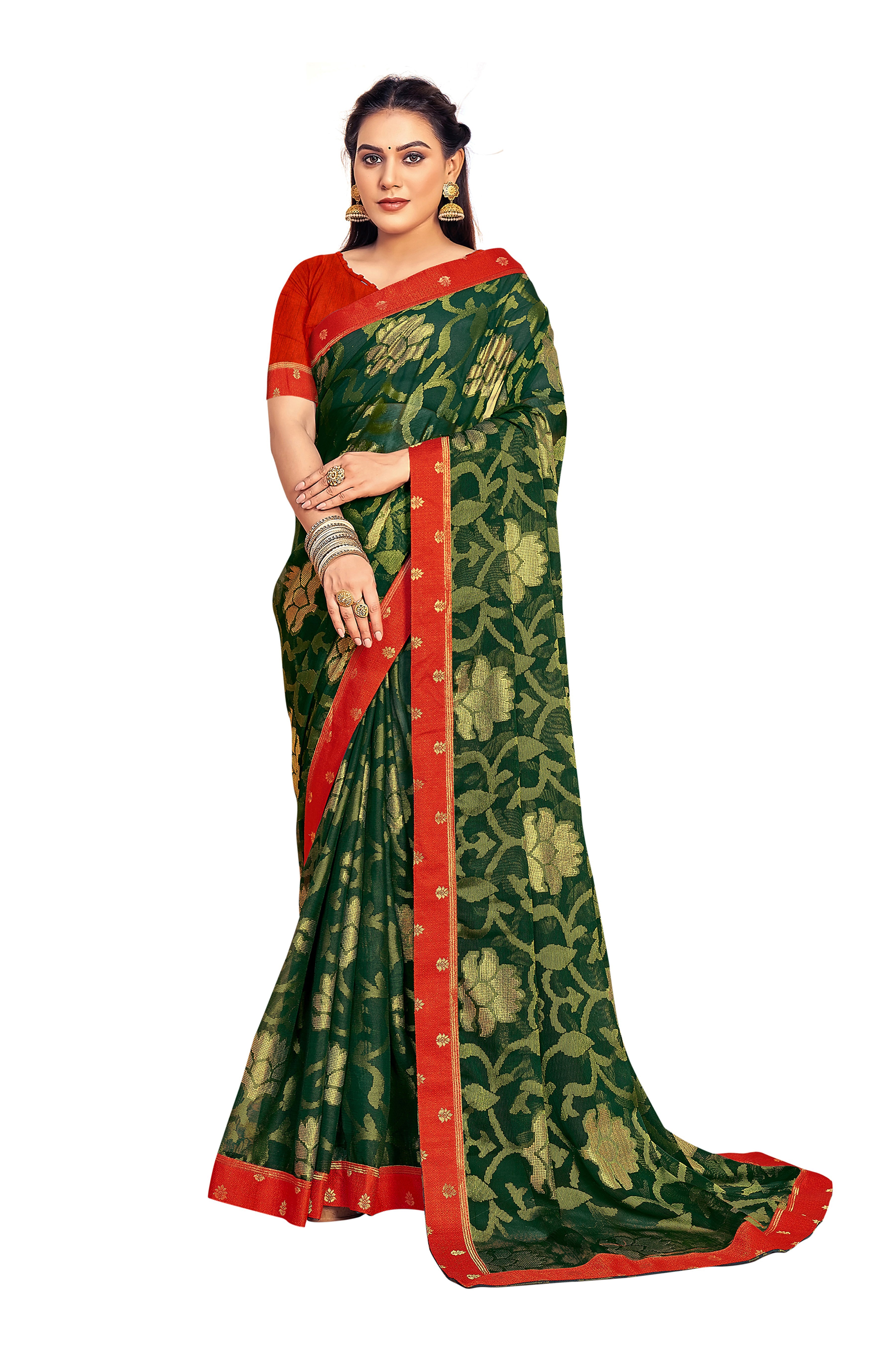 Women's Green Designer Chiffon Brasso Saree With Exclusive Banarasi Lace - Vamika